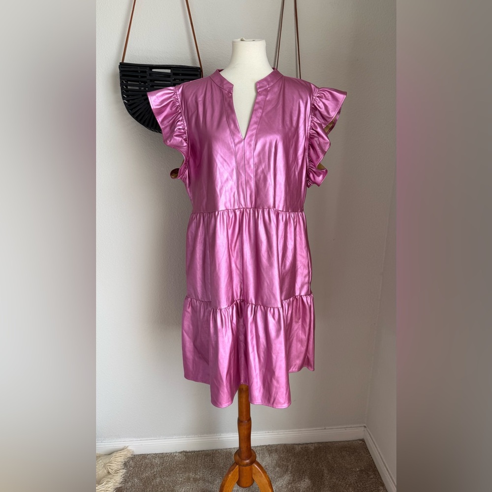 Tallulah Kate Pink Metallic Ruffle Sleeve Midi Dress, Size 2X